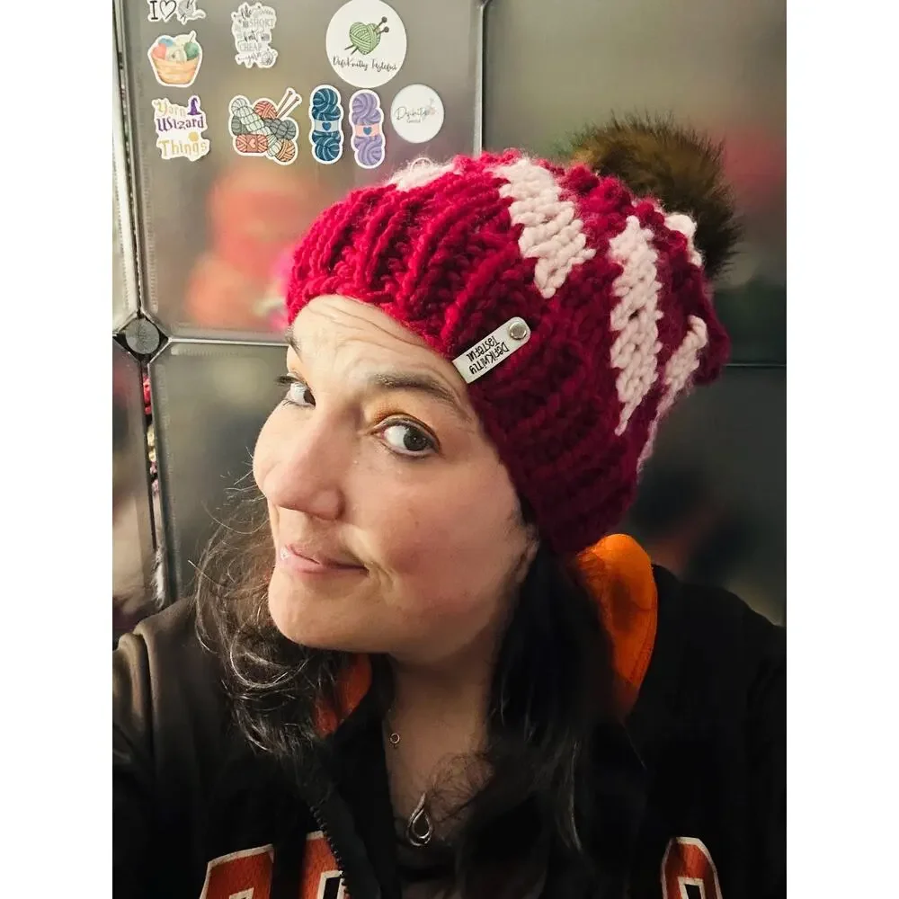 Hand Knit Tilt A Whirl Beanie: Cozy Winter Hat with Faux Fur Pom